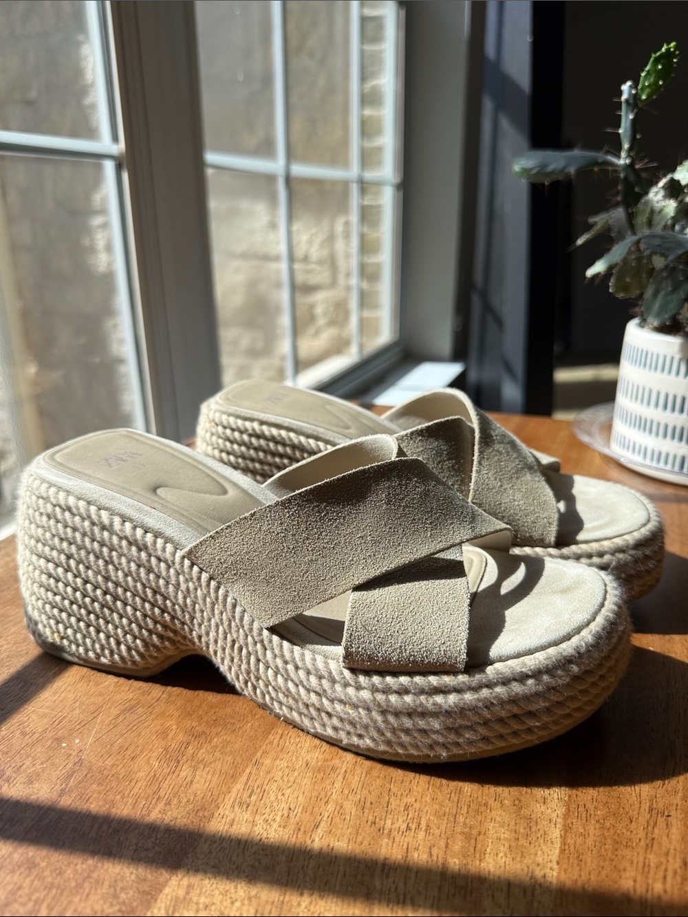 Zara Neutral Beige Crisscross Espadrille Wedge Sandals